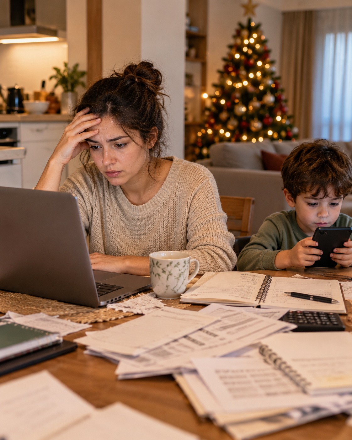Mãe cansada à mesa com contas e notebook, enquanto seu filho olha o celular, com a árvore de Natal acesa ao fundo