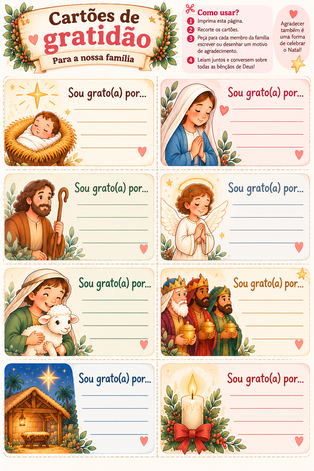 Página interna do PDF: cartões de gratidão para a família