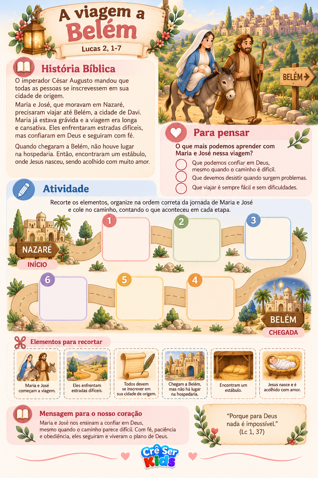 Atividade para imprimir: a viagem de Nazaré a Belém, com trilha e cartões para recortar