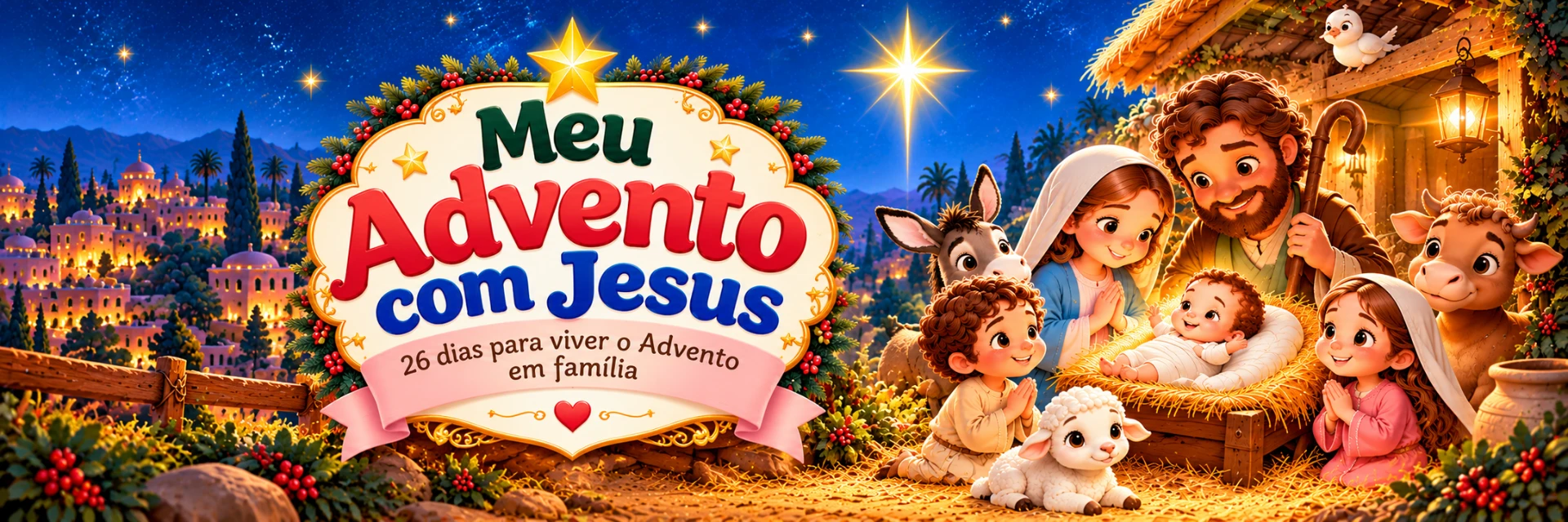 Cenário do nascimento de Jesus com o selo Meu Advento com Jesus — 26 dias para viver o Advento em família