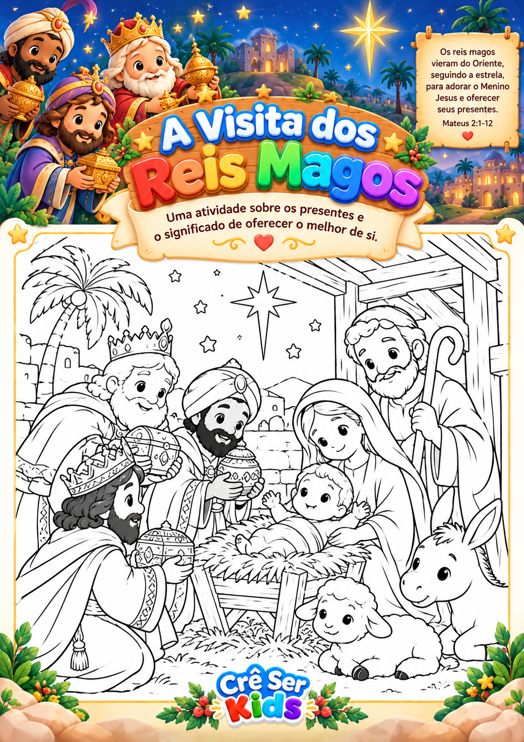 Atividade para imprimir: colorir a visita dos Reis Magos