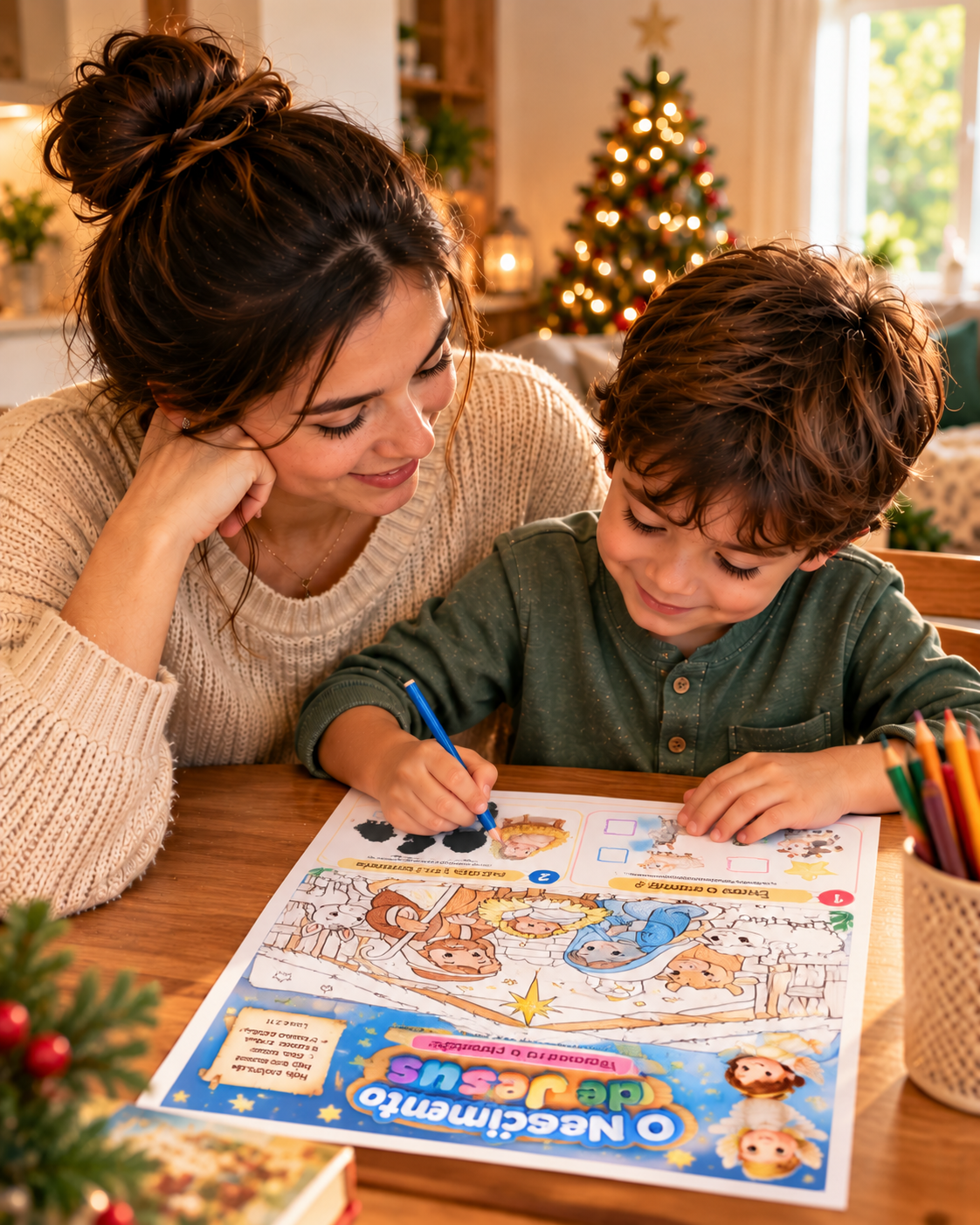 Mãe e filho colorindo uma atividade de Natal na mesa, com a árvore de Natal acesa ao fundo