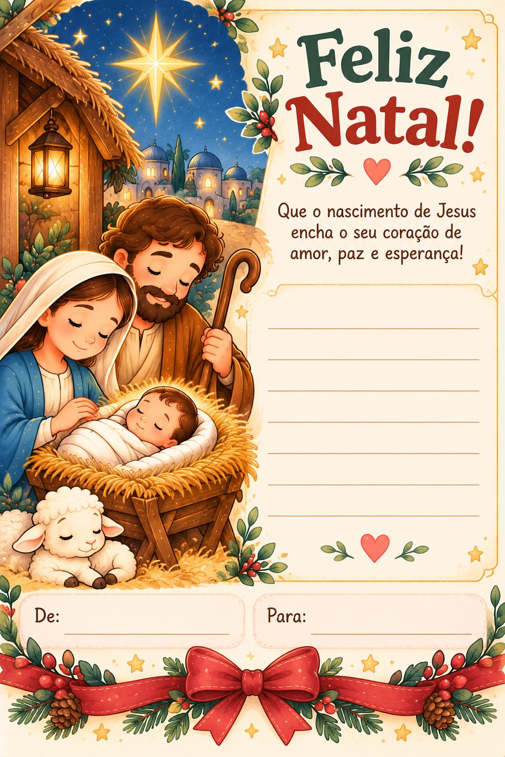 Cartão de presente “Feliz Natal!” com a Sagrada Família na manjedoura